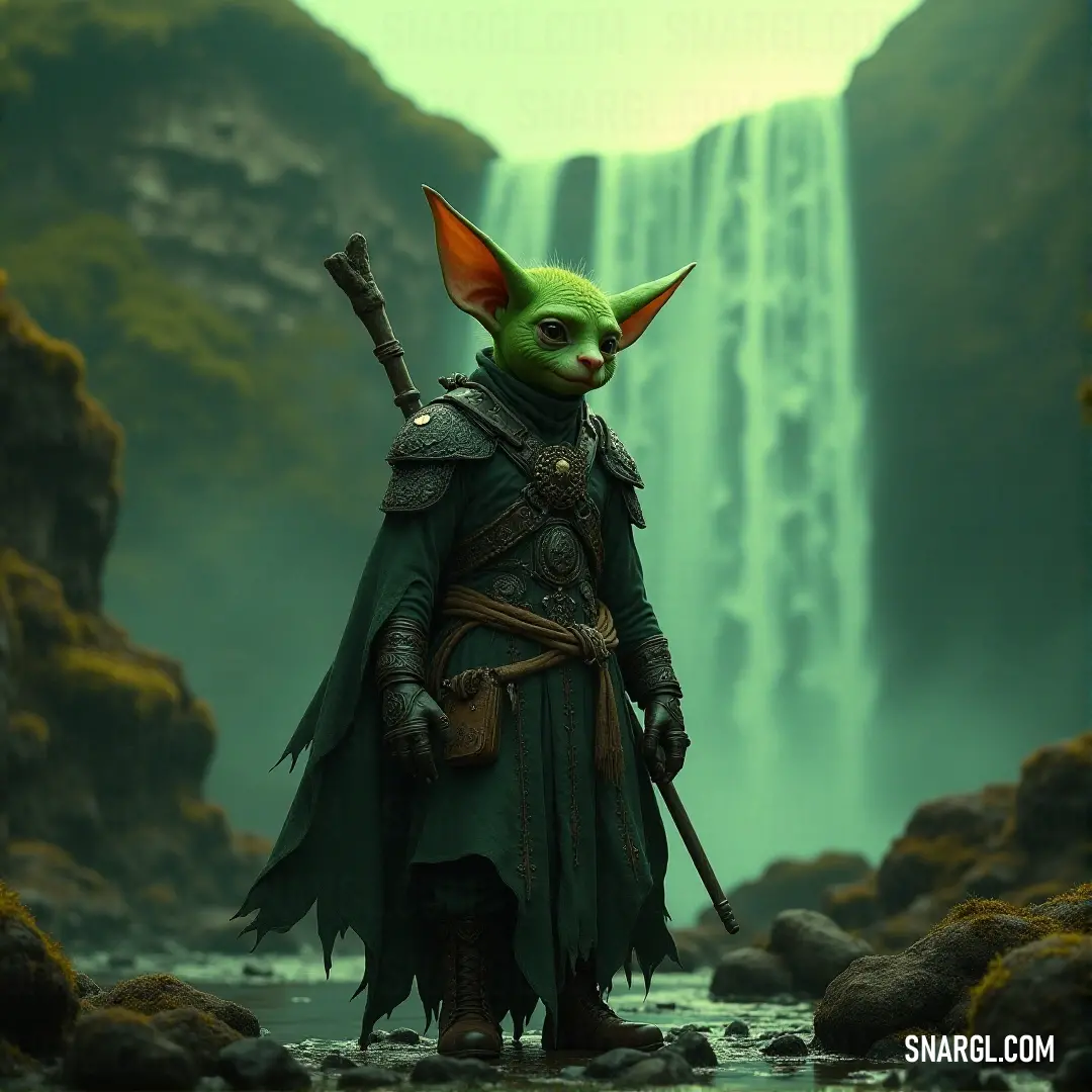 A brave warrior in green attire, masked and armed with a sword, stands before a dramatic waterfall, surrounded by nature's raw beauty. A courageous character dressed in a vibrant green outfit and mask, wielding a sword with confidence, stands tall in front of a majestic waterfall, where water cascades down rocks, creating a misty atmosphere of adventure and mystery.