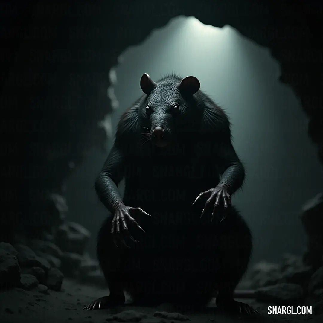 Pensive Pest in a shadowy cave, kneeling in reflection as it embraces the solitude within its rocky sanctuary. Inside a dimly lit cave, a contemplative Pest kneels with its hands resting on its knees, eyes wide open, surrounded by rugged stone walls that echo the solitude of its refuge.