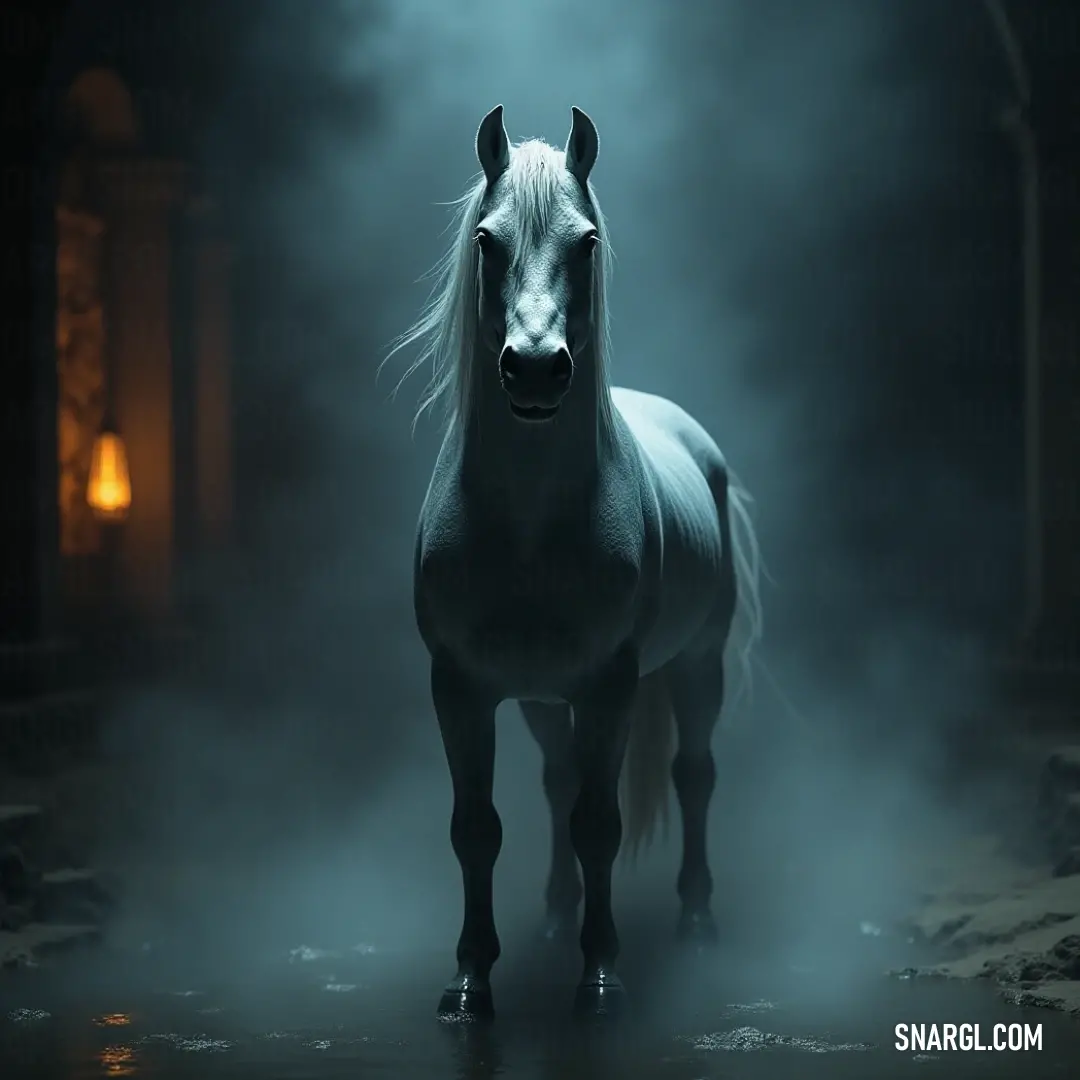 In a mystical fog, the white Phaedra stands as a beacon of light, its presence casting an enchanting glow, a symbol of purity and calmness nestled in a shadowy landscape. A striking white Phaedra stands amidst a foggy landscape, illuminated by a soft light atop its head, creating an ethereal aura as shadows play in the dark background.