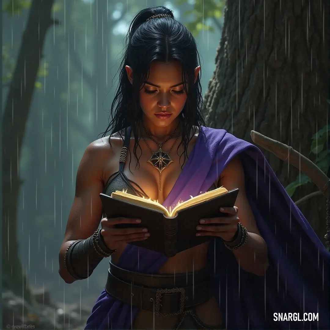 A woman in a purple dress reading a book in the rain, a star glowing softly on her chest. A quiet scene unfolds as a woman in a purple dress sits in the rain, absorbed in a book with a glowing star on her chest. The gentle downpour creates a serene ambiance, with water droplets catching the light as she reads under the overcast sky.