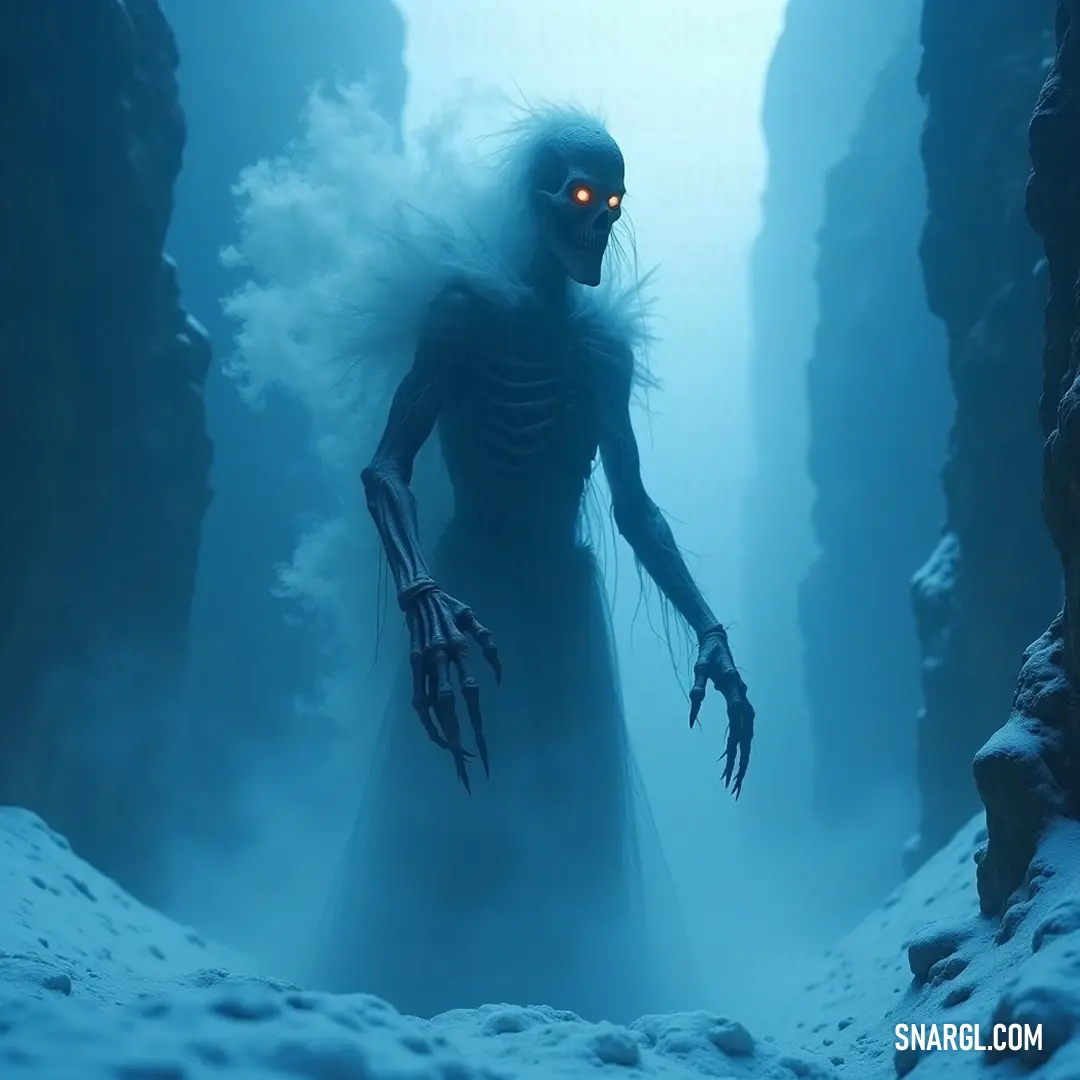 A ghostly apparition in a snow-laden cave, its eerie glow piercing the dark silence. A haunting Phantasmal Entity with glowing eyes glides silently through a snow-covered cave, exuding an otherworldly presence that chills the very air around it.