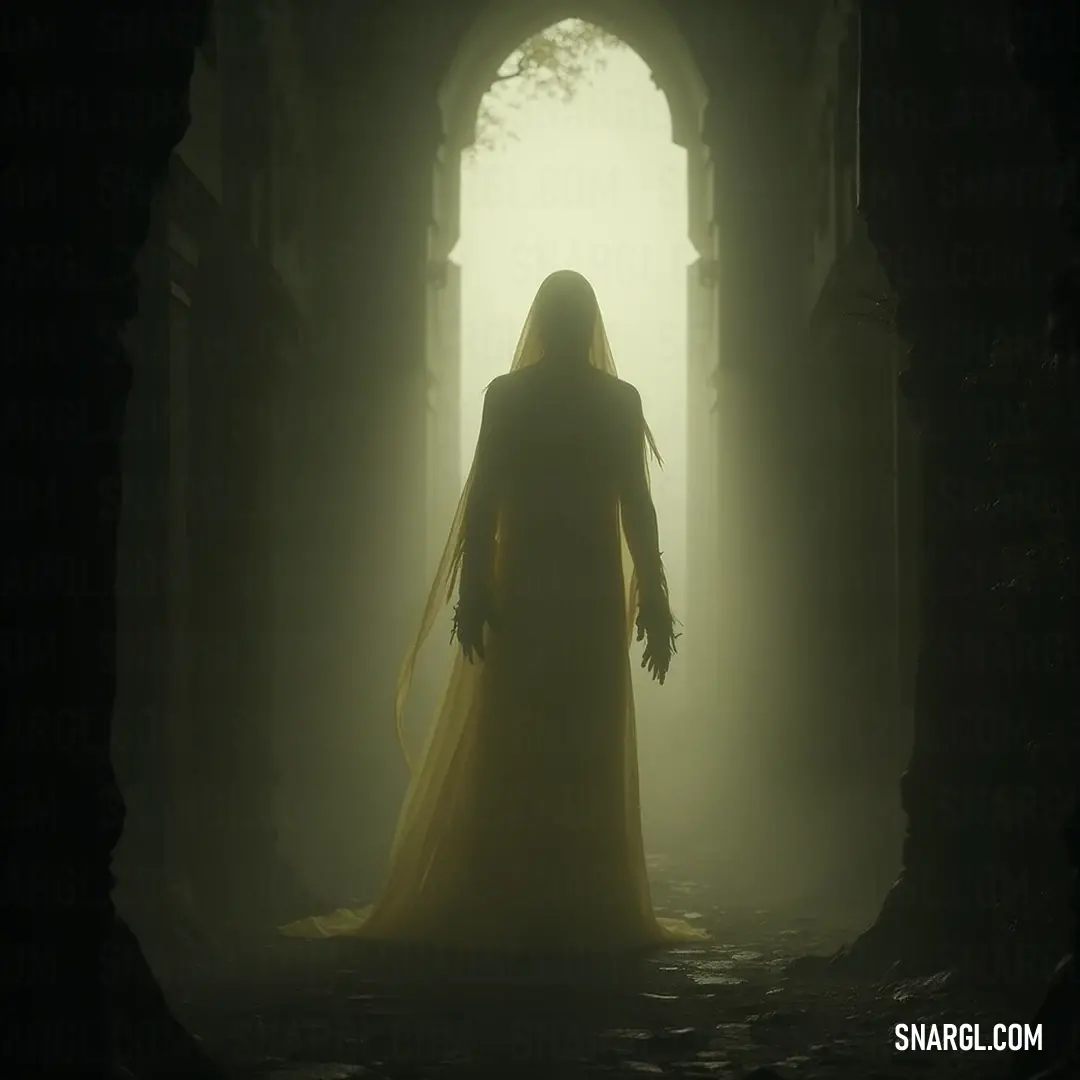 A phantom knight, elegantly dressed in a flowing yellow gown, stands entranced in a shadowy tunnel, bathed in a piercing light streaming from a doorway, with a ghostly figure lingering in the background.