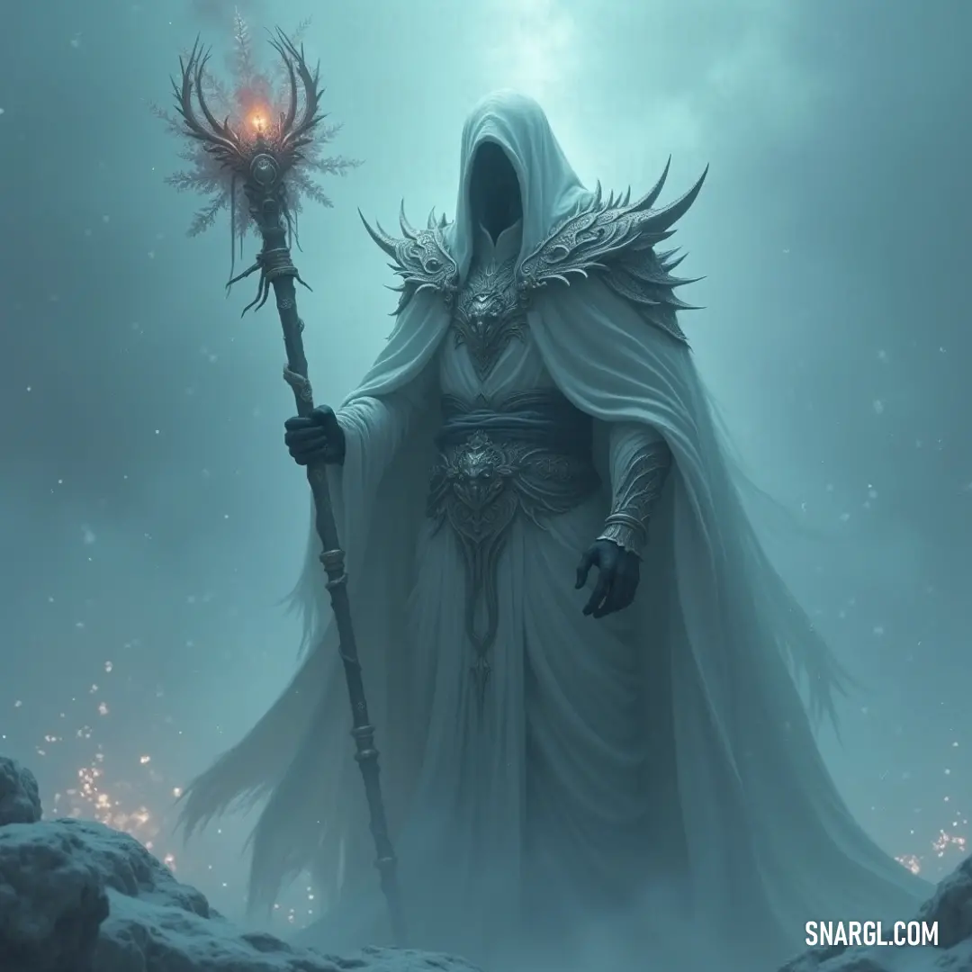 The Phantom Lord, radiating an ethereal glow, stands resolutely in a snowy expanse, his candle-like light piercing the icy veil of the winter night. A majestic figure, the Phantom Lord, clad in a shimmering hooded outfit, holds a glowing staff, illuminating the snow-draped landscape where peace and mystique intertwine.