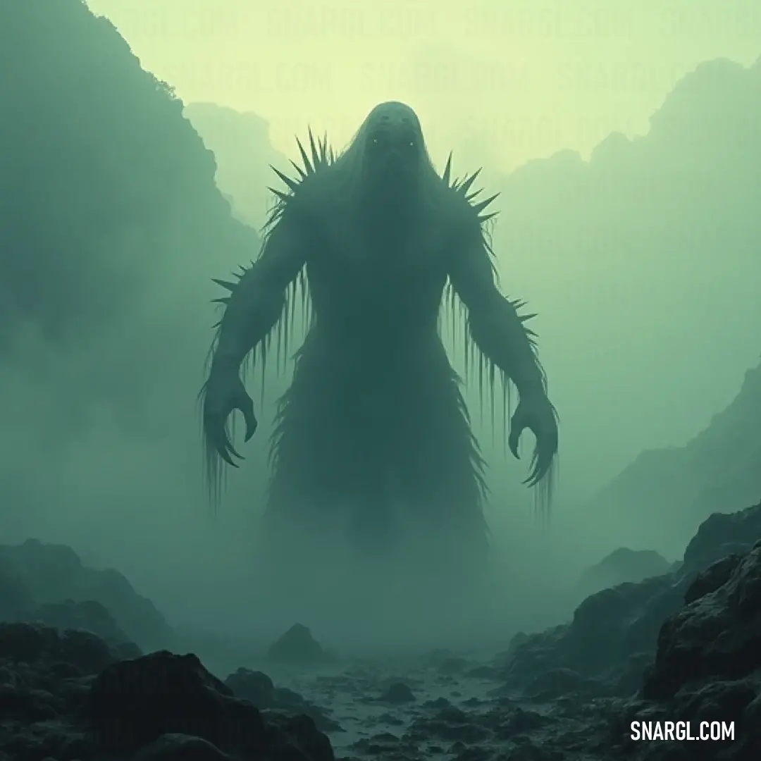 A colossal phantom lurker towers in a misty forest, arms extended wide in a challenging stance, while ethereal fog veils its form, creating a stark contrast against the silhouettes of ancient trees that loom ominously around it.