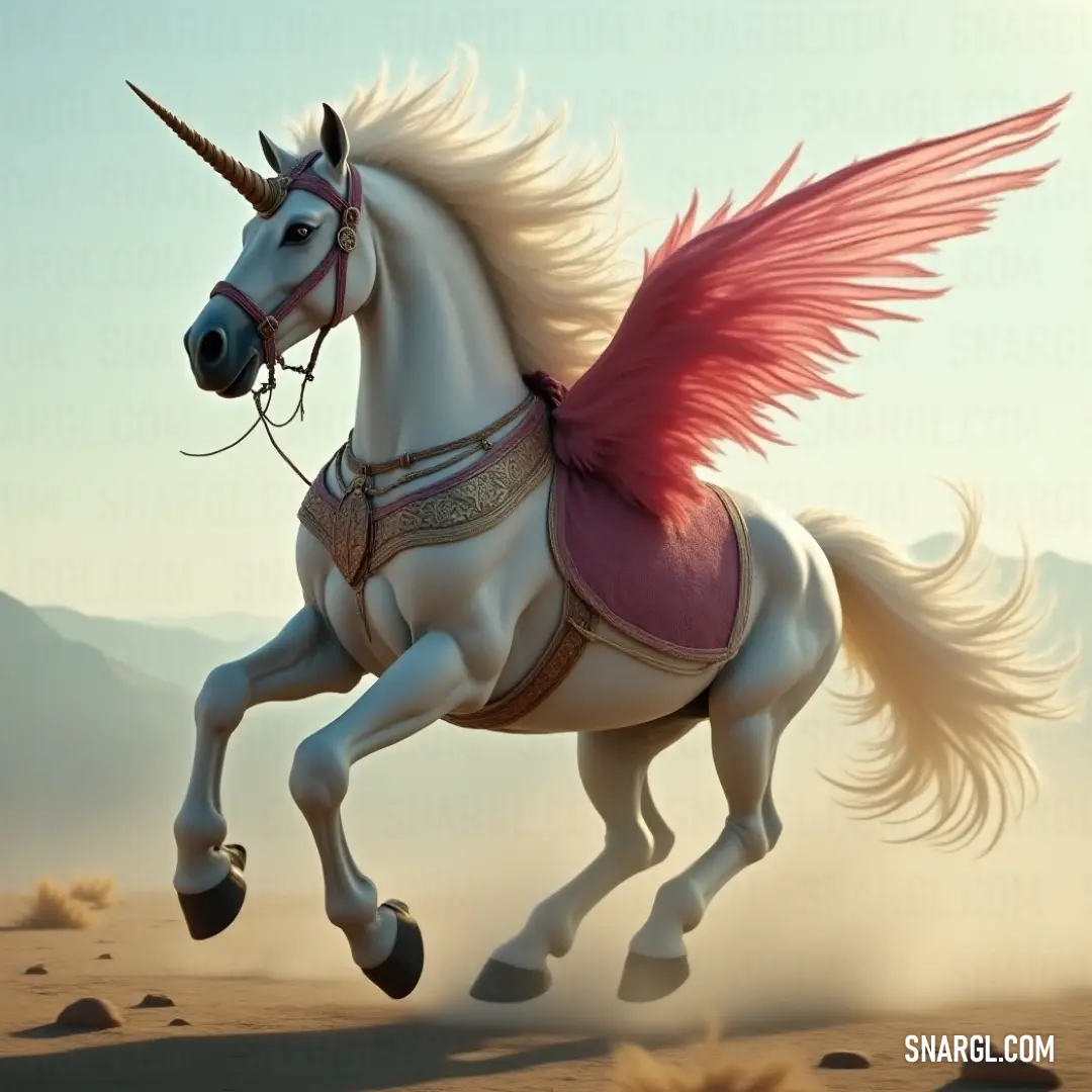 A graceful White Phantom Unicorn with a pink saddle, elegantly running through a sunlit desert, with majestic mountains creating a beautiful backdrop. In a vast desert under a brilliant blue sky, a White Phantom Unicorn adorned with a delicate pink saddle gallops freely, its wings spread wide. Majestic mountains loom in the distance, offering a stunning contrast to the sunlit sands below.