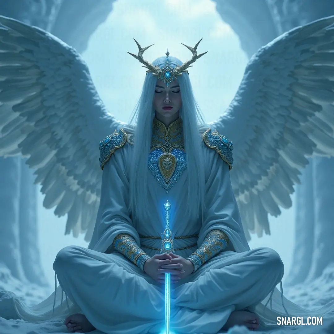Phanuel stands gracefully in a pristine white room, clutching a sword that gleams with otherworldly brilliance. Her majestic wings unfurl, filling the space with an ethereal aura, as she radiates strength and tranquility in a setting that embodies purity 
