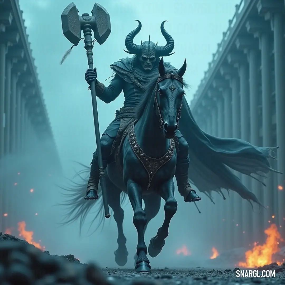 Phenex, the valiant rider, journeys through a fiery scene, accompanied by a colossal horned demon, depicting a saga of adventure. Phenex, riding gallantly on a majestic horse, traverses a fire-lit street where columns stand tall, flanked by a giant horned demon, embodying the epic narrative of bravery amidst chaos.