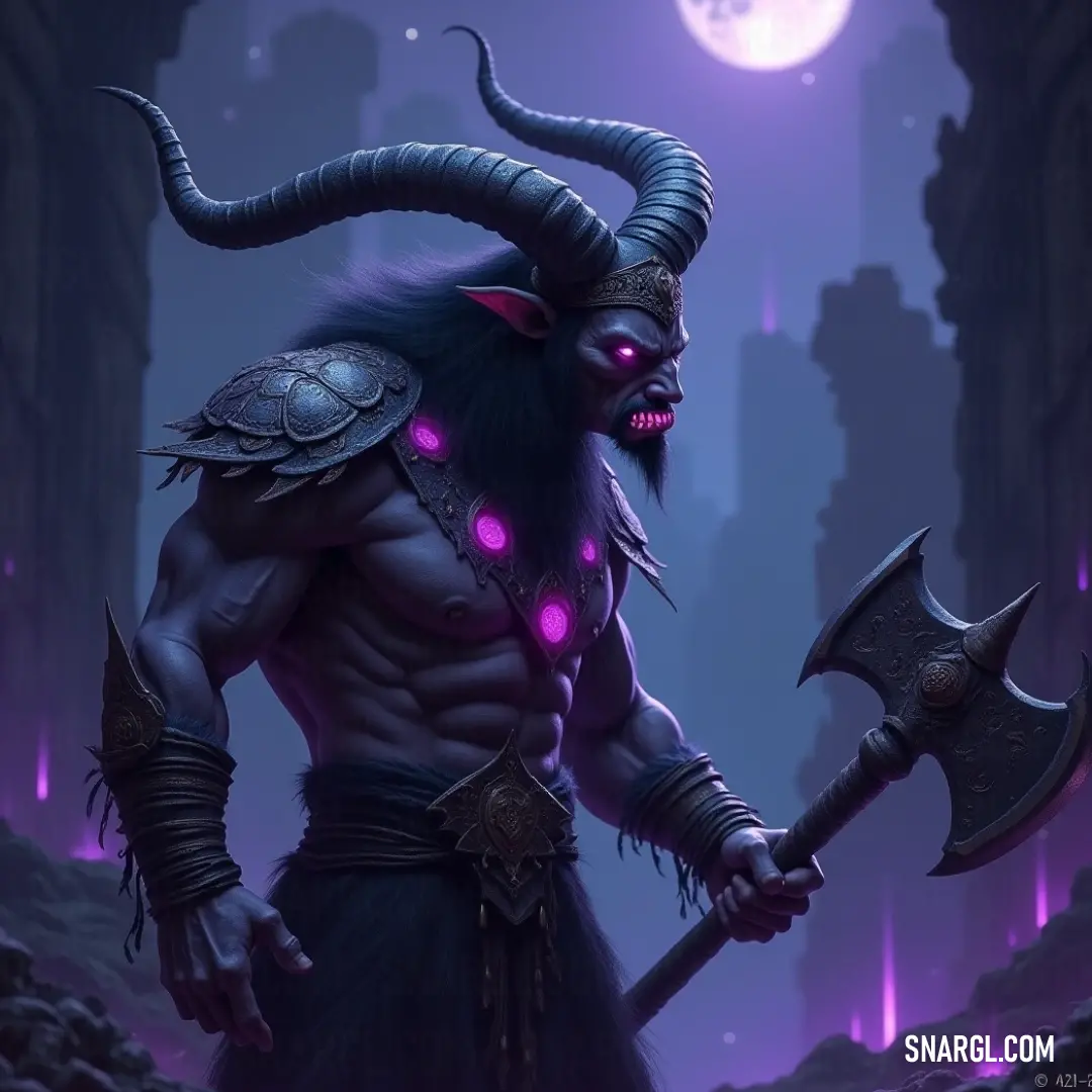 A horned warrior in a dark city at night, his glowing face and large axe casting an eerie light on the desolate streets. A fierce, horned figure stands in a dark city at night, his glowing face illuminating the shadows as he wields a massive axe. The city's dark streets are the perfect stage for this intimidating figure.