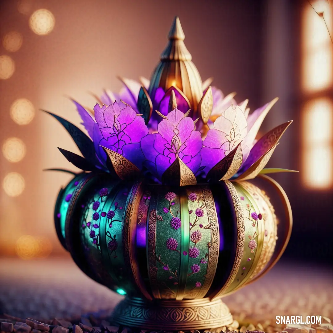 Decorative vase with flowers in it on a table top with a light shining on the background of the vase