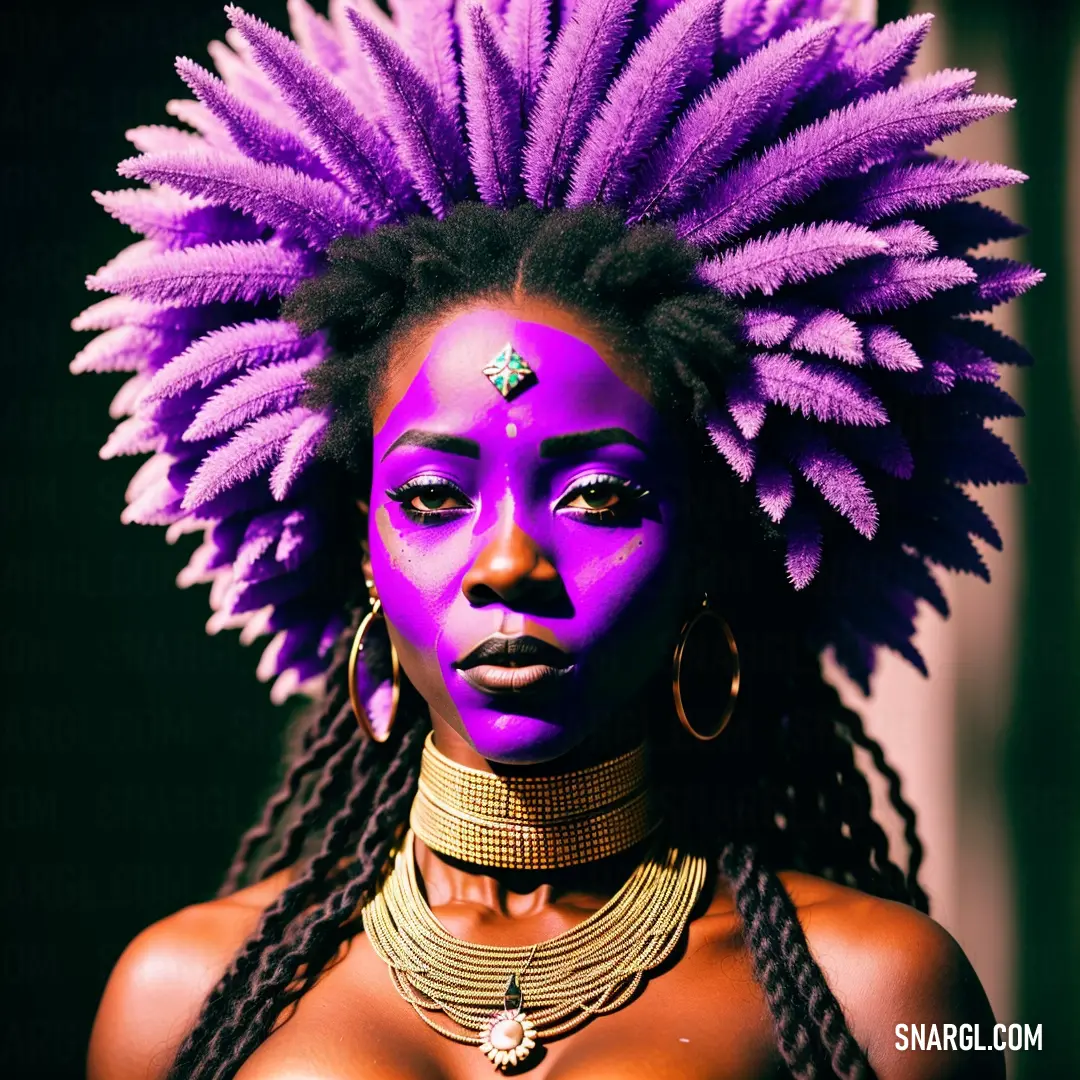 Woman with purple makeup and dreadlocks on her head and a necklace on her neck