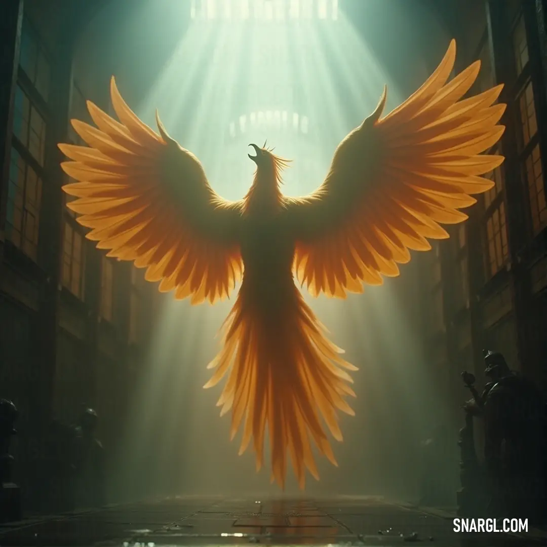A mighty Phoenix Ikki, wings extended, floats in the air, illuminated by a burst of light coming through the windows, casting a magical glow. A large Phoenix Ikki, with wings spread wide, hovers in mid-air, bathed in bright light streaming through the windows behind, creating a dramatic, ethereal scene.