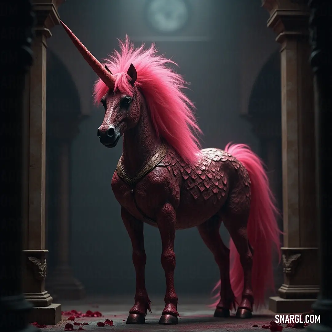 A magical pink phoenix unicorn stands in a doorway surrounded by rose petals, with an enchanting clock in the background, radiating a sense of wonder. A majestic pink phoenix unicorn with a long, shimmering horn stands gracefully in a grand doorway. The floor is covered in delicate rose petals, and a timeless clock in the background adds a touch of magic to the ethereal scene.