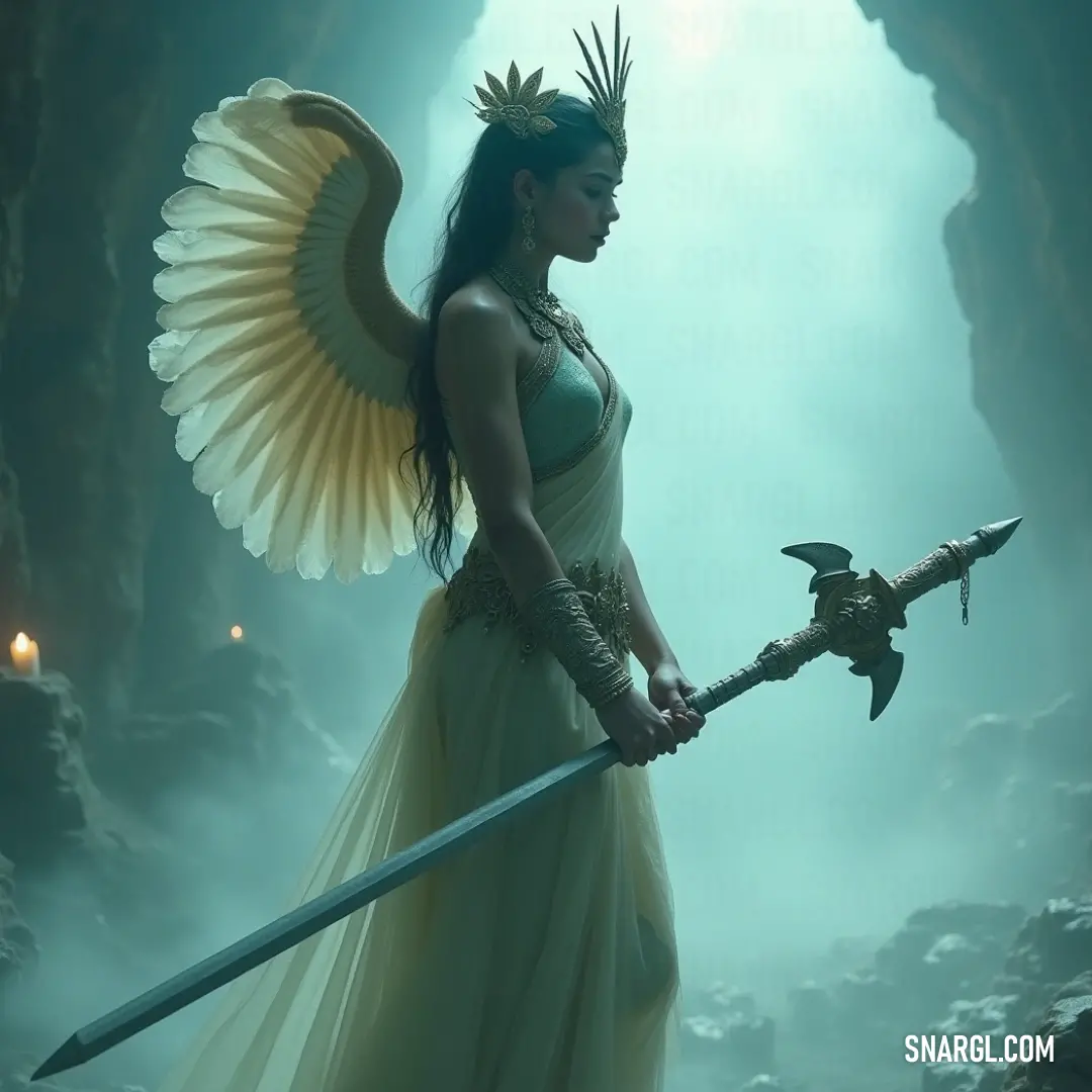 Phryne, the ethereal warrior, dressed in white, wielding a winged sword in a shadowy cave. A mystical warrior named Phryne stands in a dimly lit cave, adorned in an ethereal white dress. She grips an enchanting sword embellished with majestic wings, radiating a sense of power and grace amidst the foreboding darkness of her surroundings.