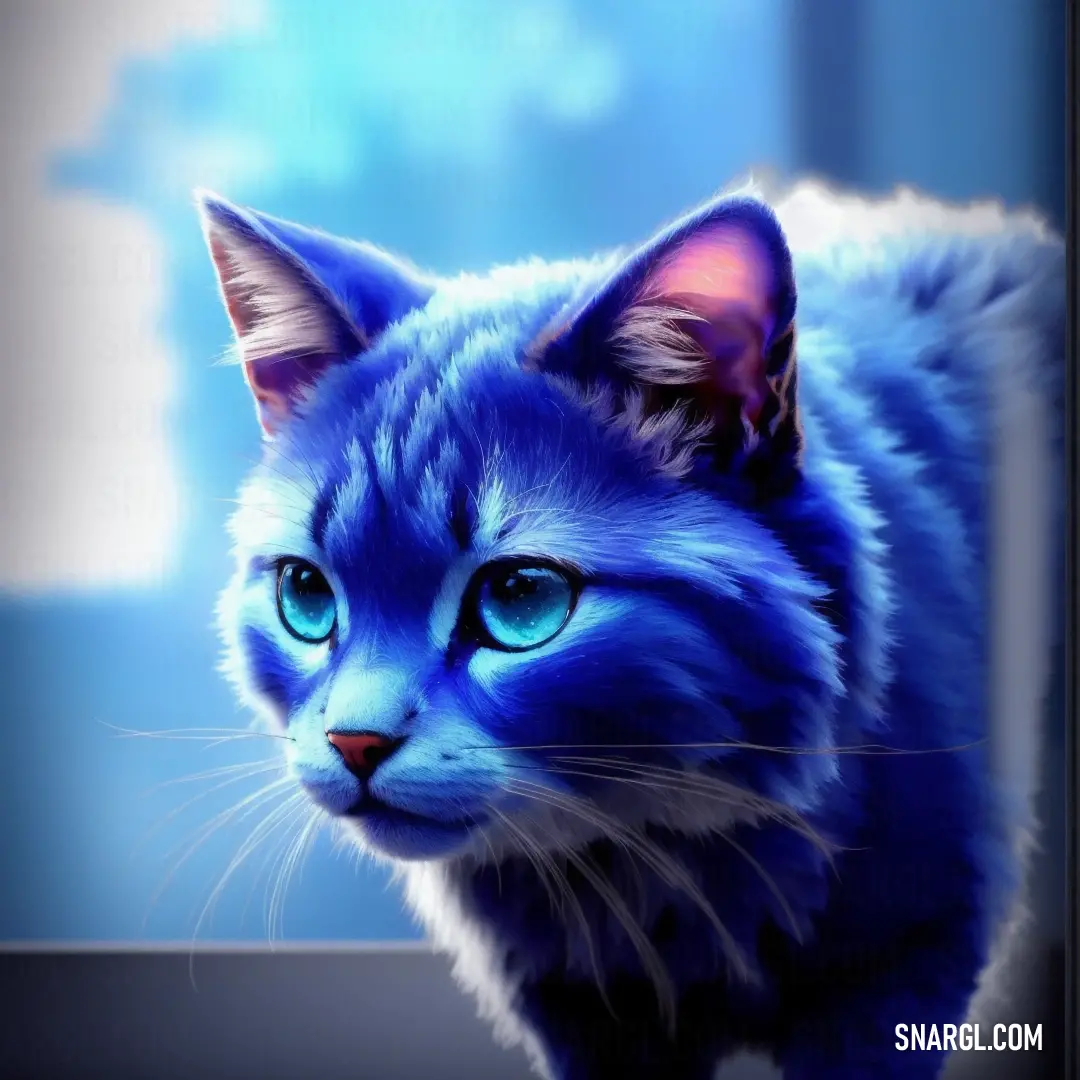 Blue cat with a blue background and a sky background is shown in this image