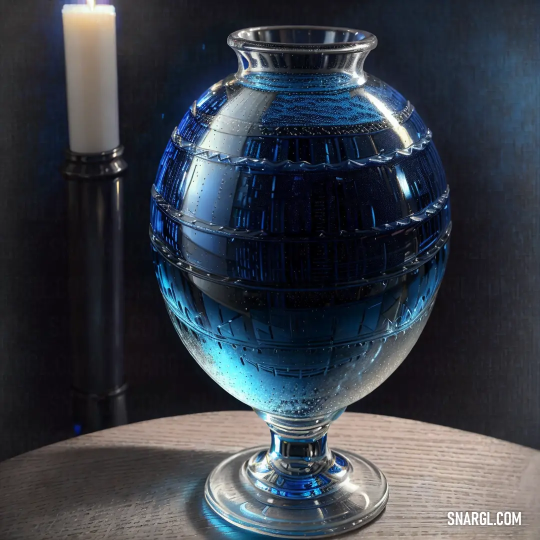 Blue vase on top of a table next to a candle holder