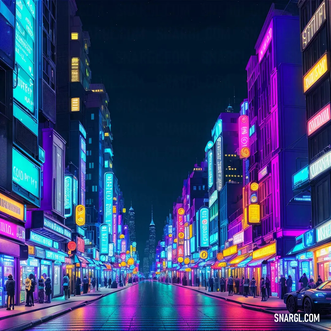 City street with neon lights and people walking on the sidewalk at night time with a car parked on the side of the street