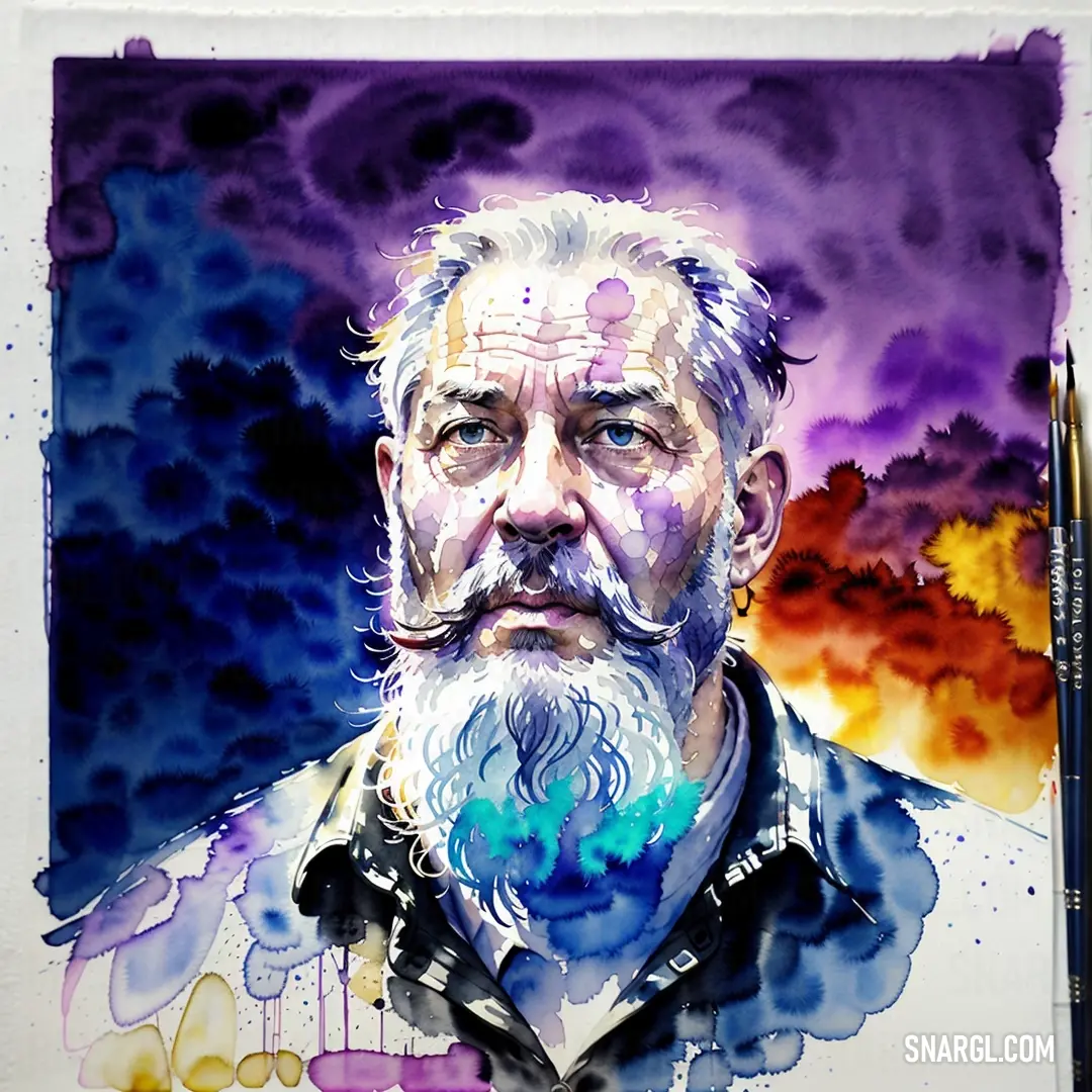 Painting of a man with a beard and a mustache in a purple and blue sky with clouds