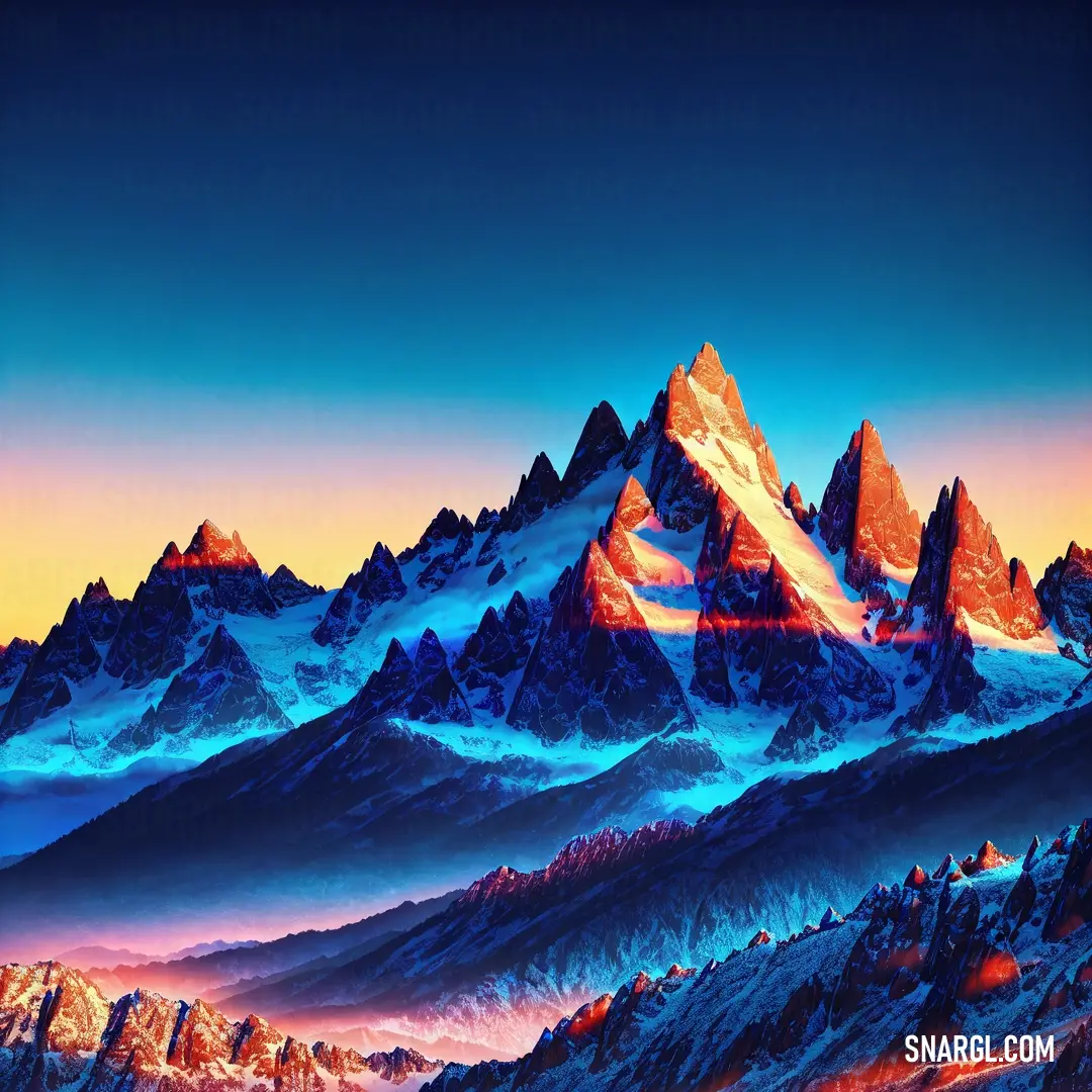 Painting of a mountain range with a sunset in the background. Example of Phthalo blue color.