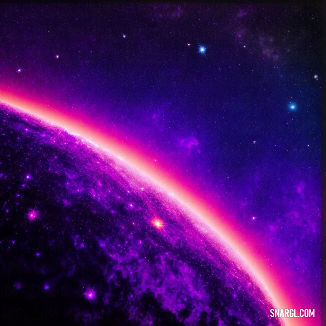 Purple and blue space with stars and a bright light in the middle of the image is a planet