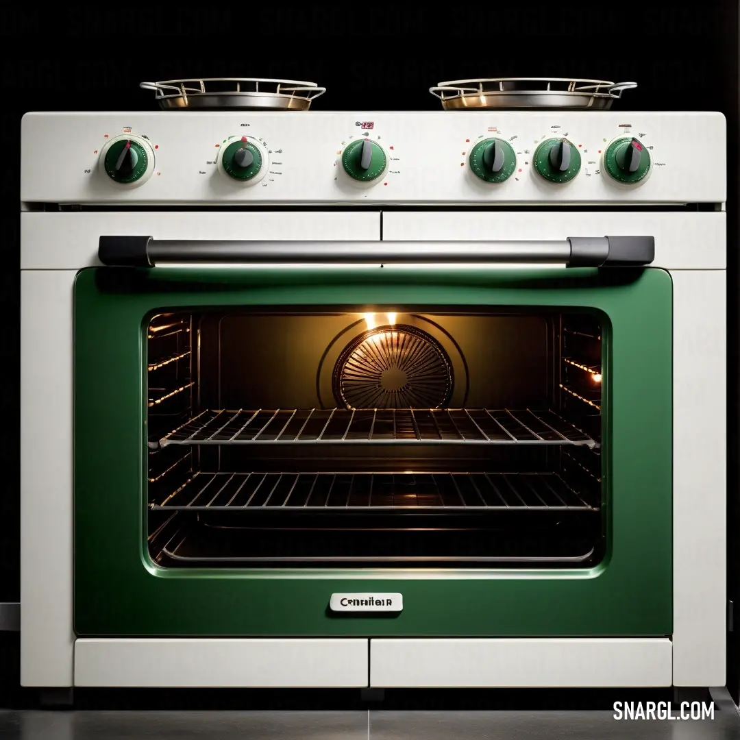 Green and white oven with two burners and a light on top of it. Example of CMYK 66,0,32,79 color.