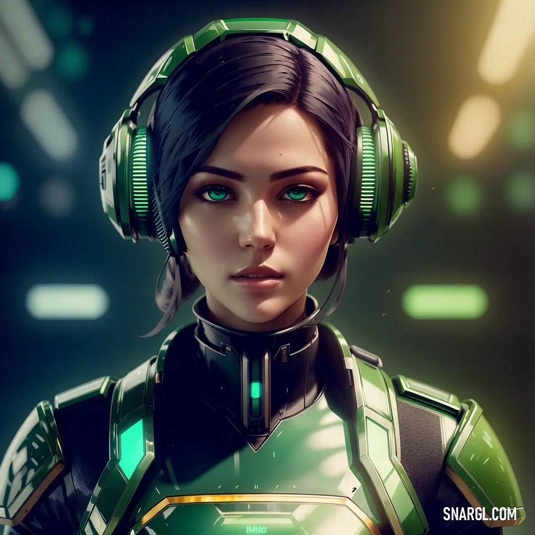 Woman with headphones and a futuristic suit on her face