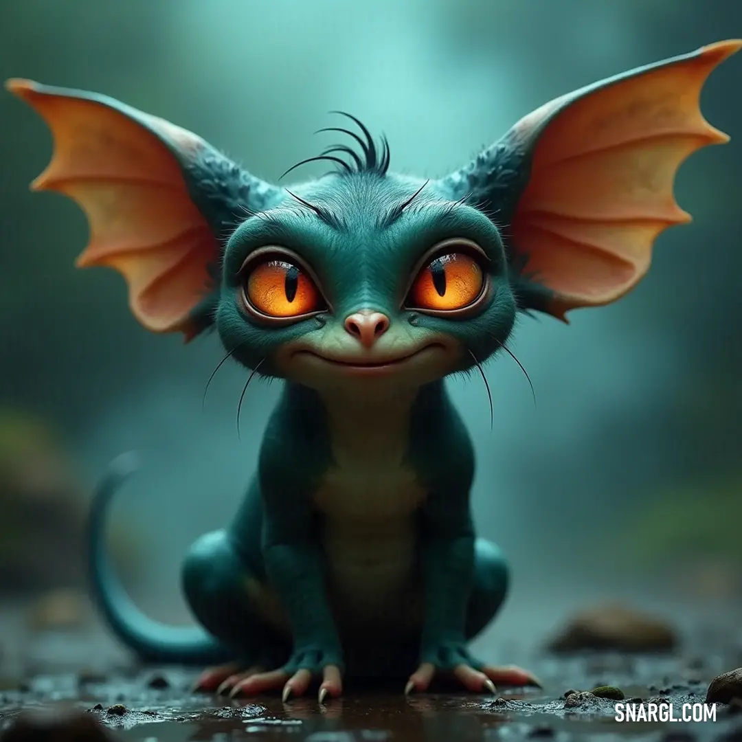 A small green Phyllis with bright orange eyes resting on a rain-soaked rock, surrounded by a dark, atmospheric background that enhances its captivating presence. A small, emerald green Phyllis with striking orange eyes perched on a rock, set against a backdrop of rainfall that creates an aura of mystery and enchantment.