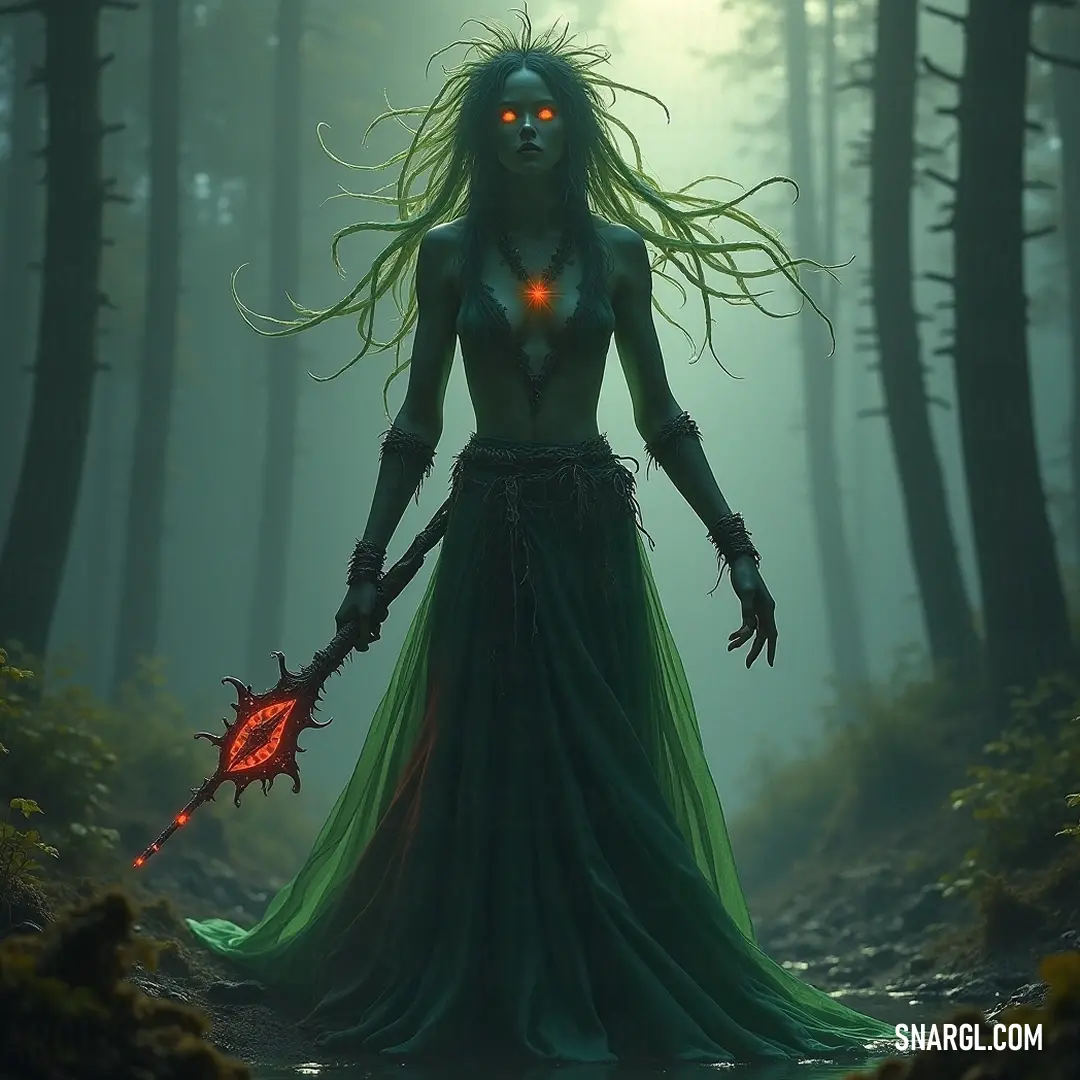 A mysterious portrayal of a figure with glowing eyes and a detailed green dress interacting with a small red dragon perched on her arm, set within a lush forest, embodying a harmonious bond between nature and magic.