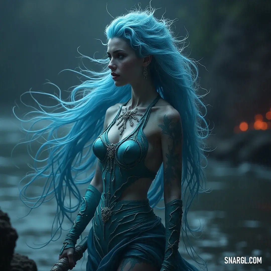 With her vibrant blue hair flowing in the breeze, Phyllis strolls along a picturesque beach. The gentle waves kiss the shoreline, and a quaint boat bobbing in the background complements the serene landscape.