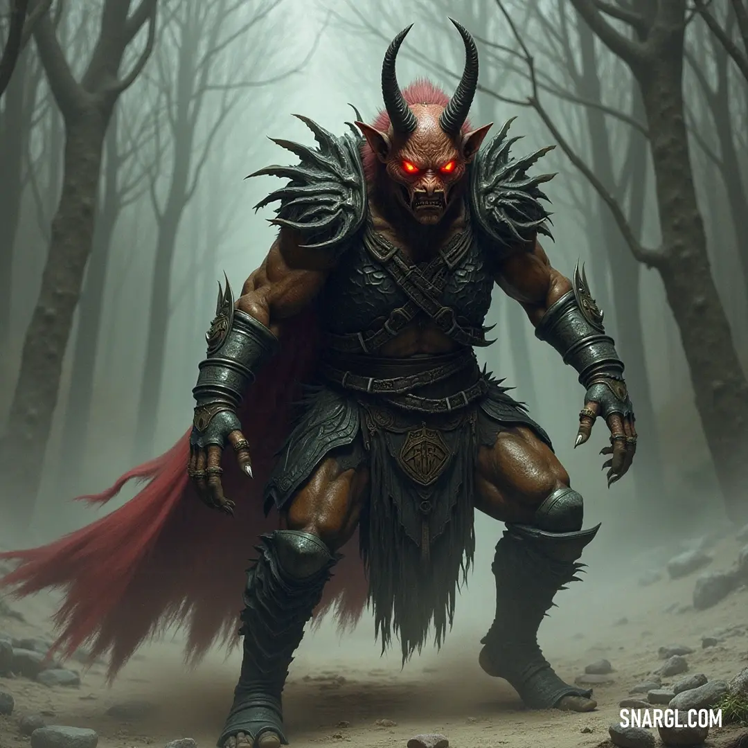 A fearsome figure with red eyes and horns, commanding attention in a rugged forest environment filled with intrigue. A fearsome character with glowing red eyes and formidable horns stands amidst the rugged beauty of the forest, projecting an air of danger intertwined with the majestic presence of nature surrounding him.