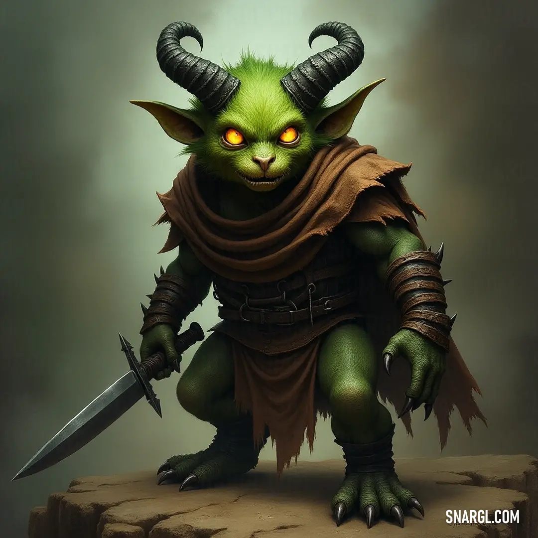 A formidable Green Piff adorned with majestic horns and a flowing cape stands boldly on a rugged rock, sword grasped in hand, exuding strength against a shadowy backdrop that accentuates its heroic presence.