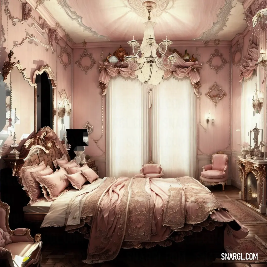 Bedroom with a pink bed and a chandelier in it's centerpieces and a chandelier hanging from the ceiling