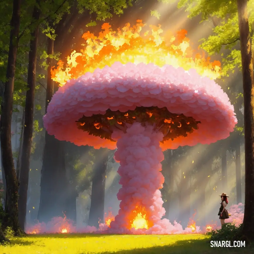 Giant mushroom with a person standing in the background in a forest with a fireball in the air