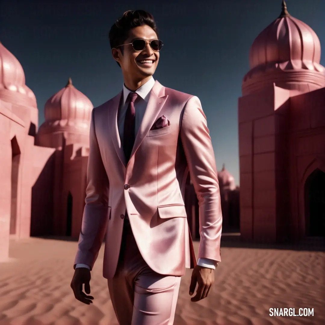 Man in a pink suit and sunglasses walking in front of a building. Color RGB 253,221,230.