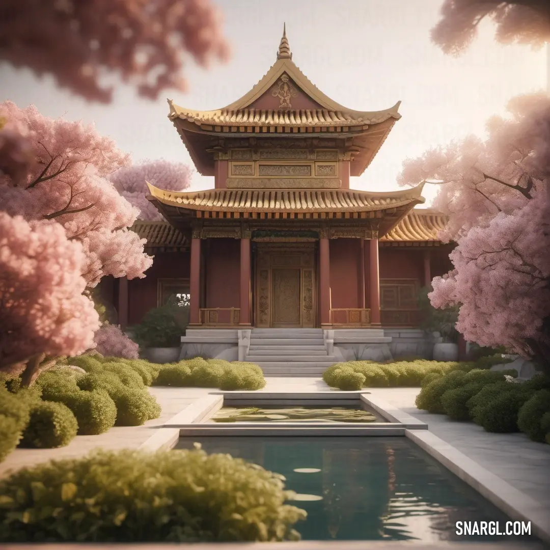Pagoda with a pond in front of it surrounded by trees and flowers in blooming trees and bushes. Example of CMYK 0,13,9,1 color.