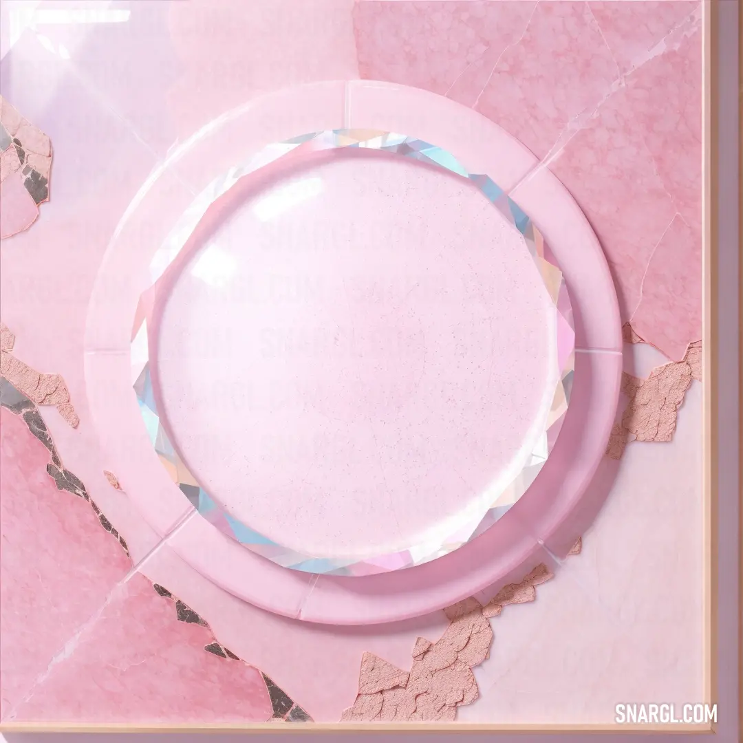 Pink plate with a pink rim on a pink background with a gold border around it and a pink plate with a pink rim on a pink background