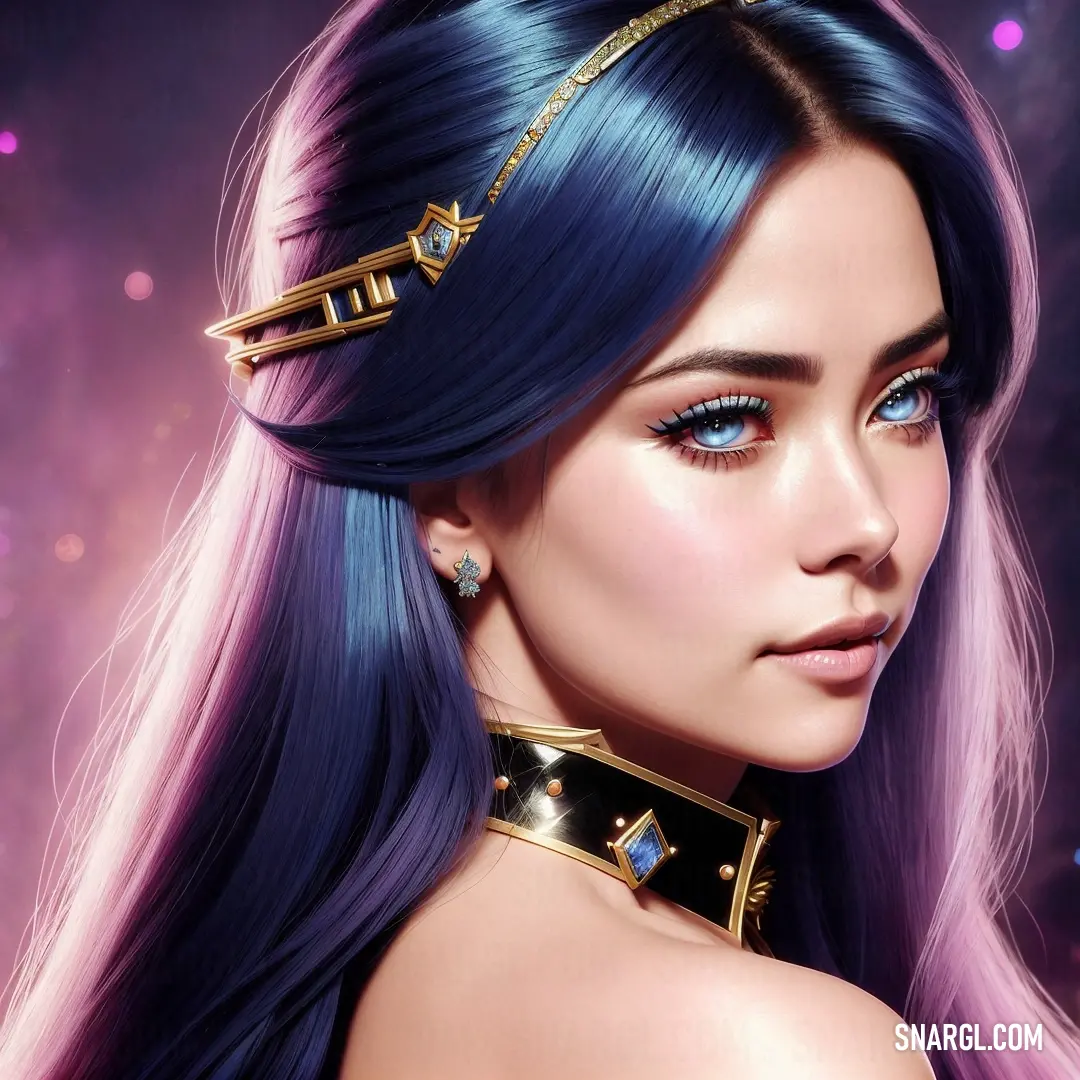 Woman with blue hair wearing a gold choker and a choker necklace with jewels on it