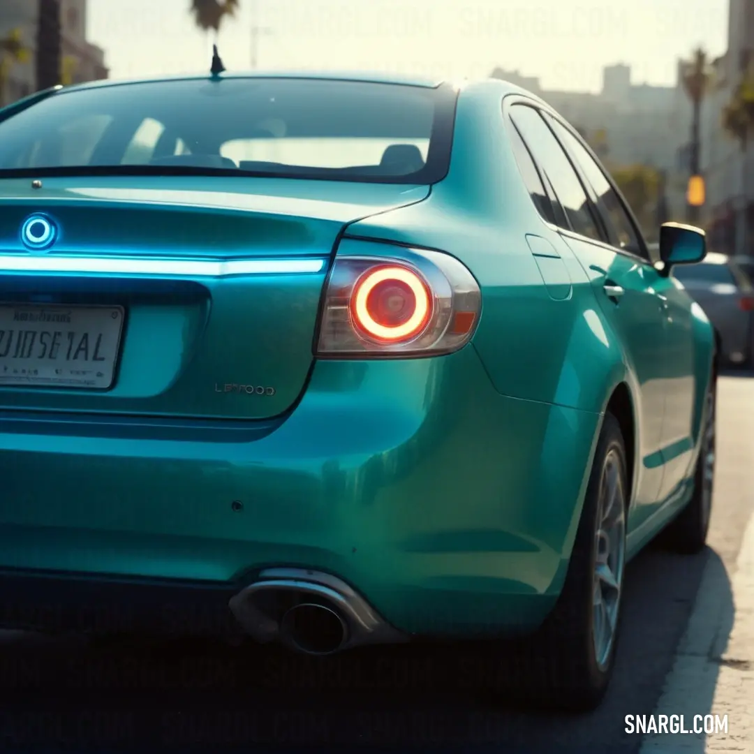 Pine green color. Blue car is parked on the side of the road with a city in the background