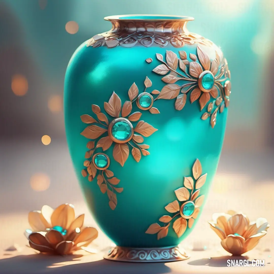 Blue vase with gold flowers on it and a pair of gold flowers on the ground next to it. Color #01796F.