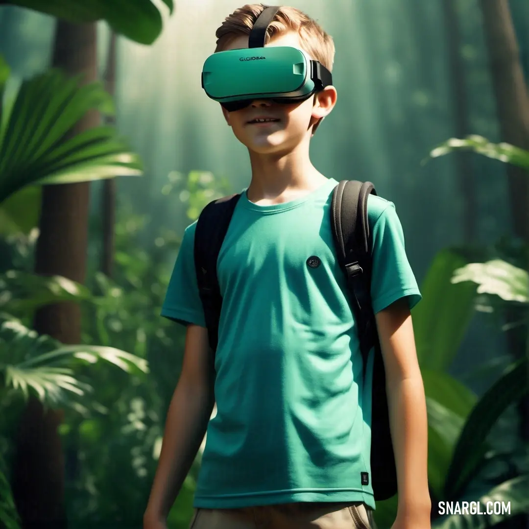 Boy wearing a green shirt and a blue virtual reality headset in a forest with sunlight streaming through the trees