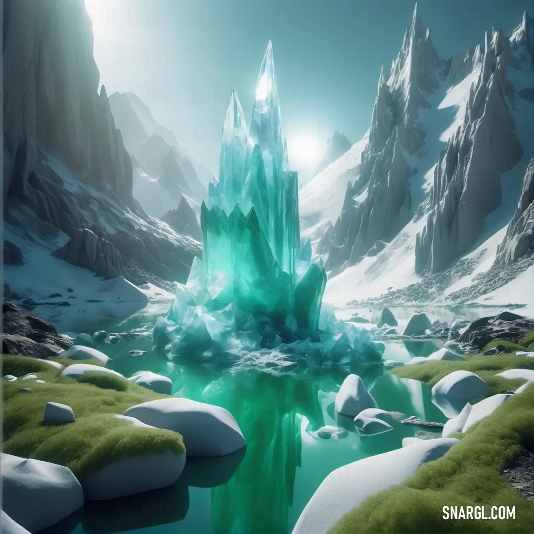 Frozen mountain lake surrounded by snow and ice covered mountains with green moss growing on the rocks and grass