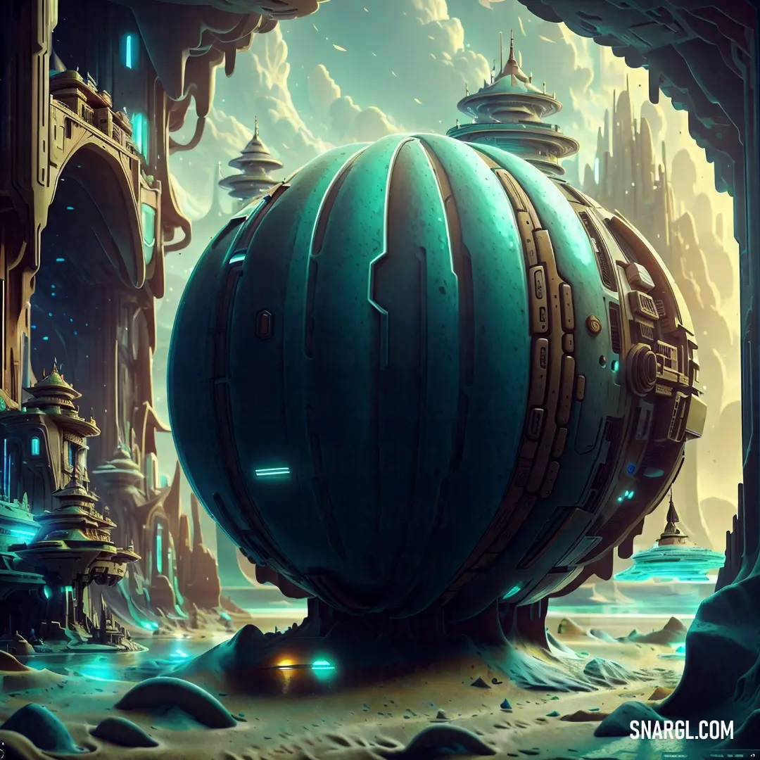 Futuristic city with a giant blue ball in the middle of it's ground and a sky background. Example of CMYK 99,0,8,53 color.