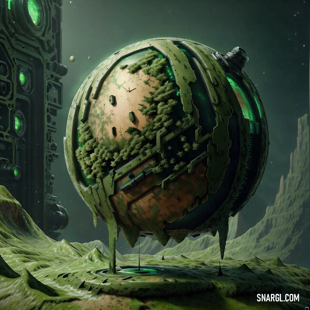 Futuristic looking object with a green light on it's face and a large building in the background