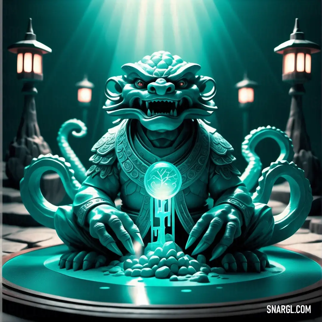 Pine green color. Green dragon statue on top of a table next to a lamp post