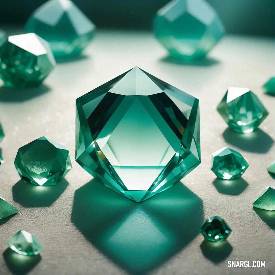 Group of green diamonds on a table with a shadow on the ground and scattered on the floor. Color Pine green.