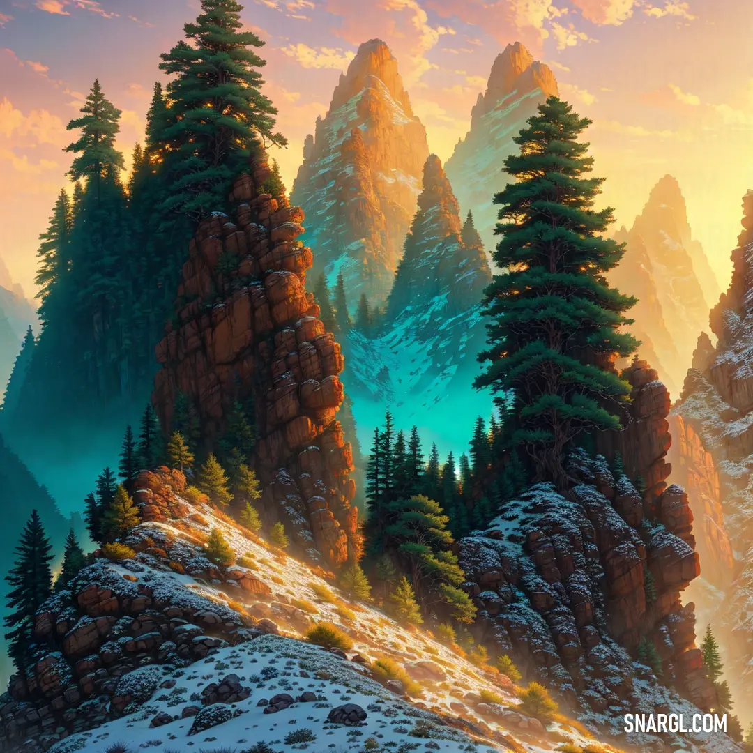 Painting of a mountain landscape with pine trees and mountains in the background at sunset with a bright sky