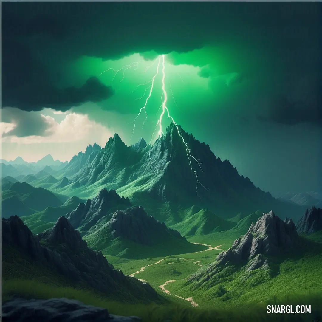 Painting of a mountain with a lightning bolt in the sky above it and a path leading to it. Color Pine green.