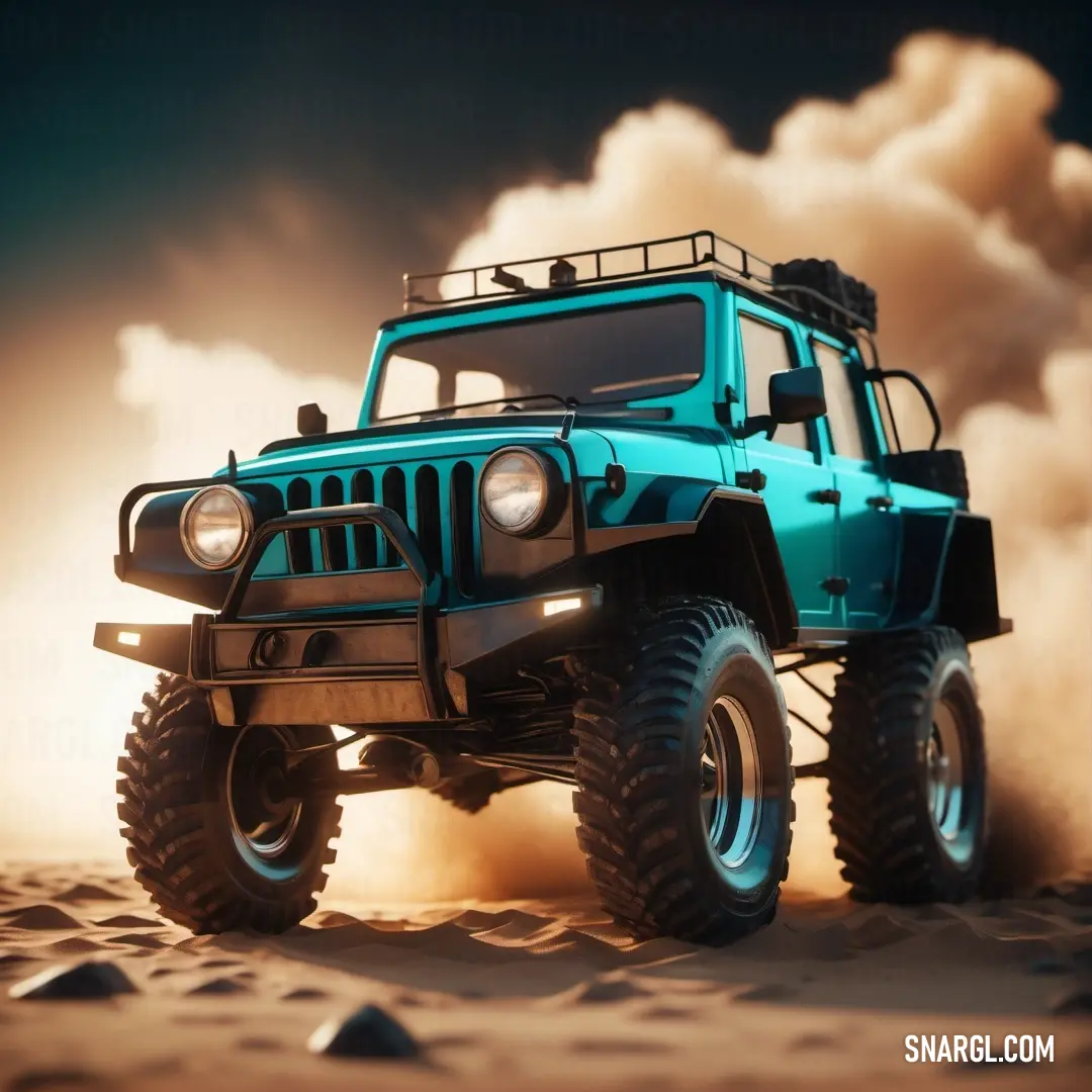 Blue jeep driving through a desert filled with rocks and sand with a cloud of smoke behind it and a black top. Example of CMYK 99,0,8,53 color.