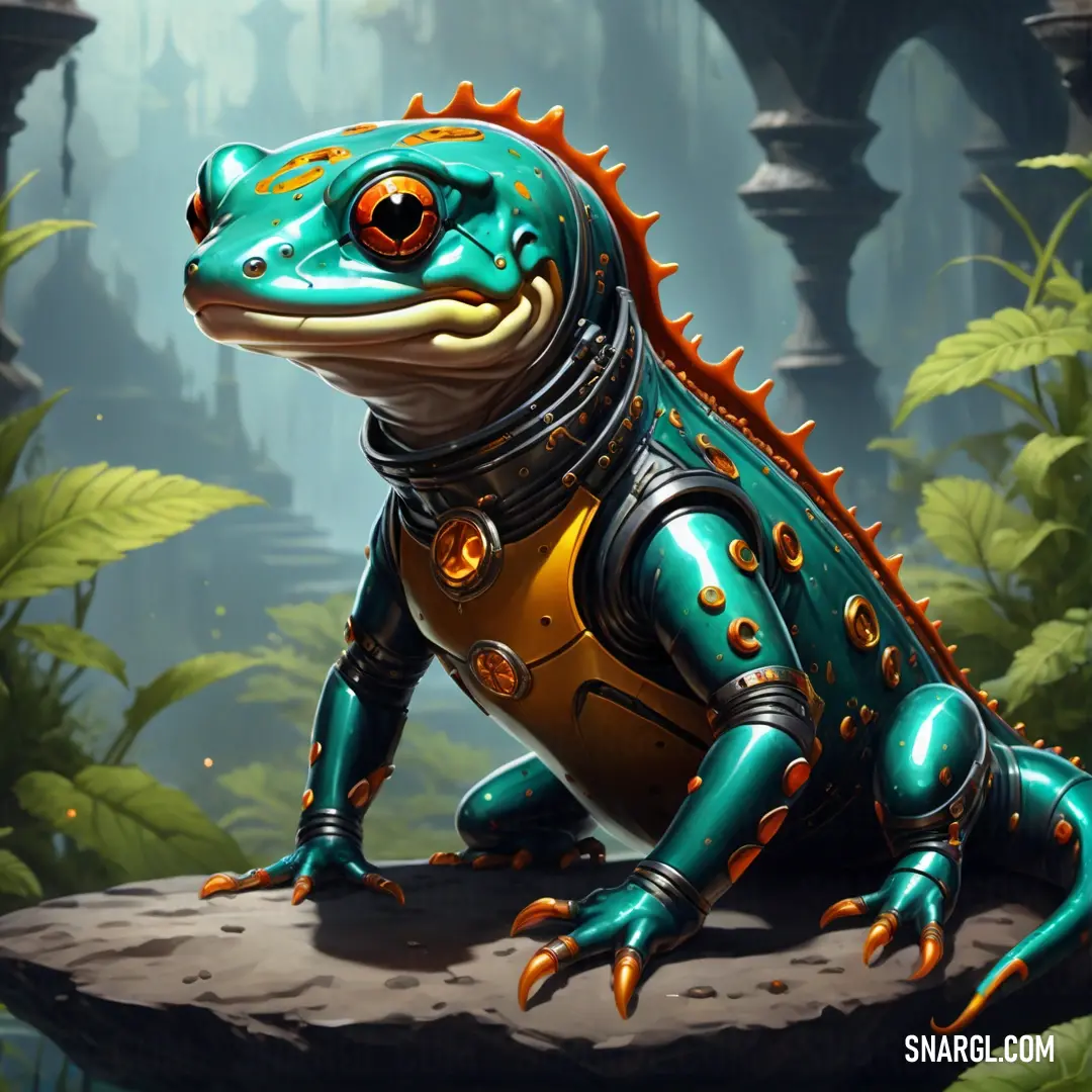 Frog with a helmet and a body suit on on a rock in a forest with trees and plants. Example of #01796F color.