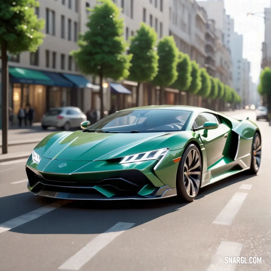 Green sports car driving down a street next to tall buildings and trees on both sides of the street. Example of Pine green color.