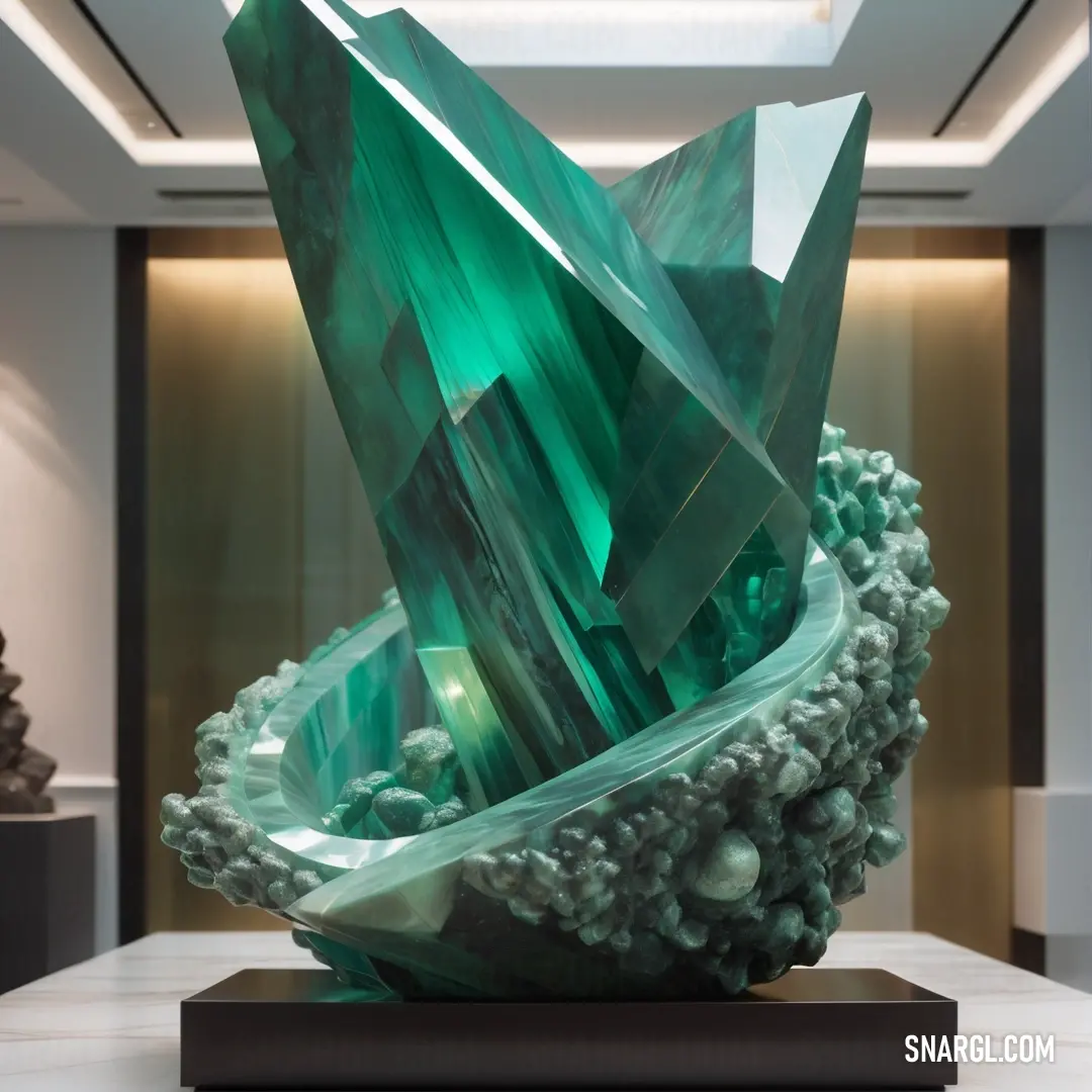 Sculpture of a green crystal on a table in a room with a ceiling light and a chandelier. Color RGB 1,121,111.